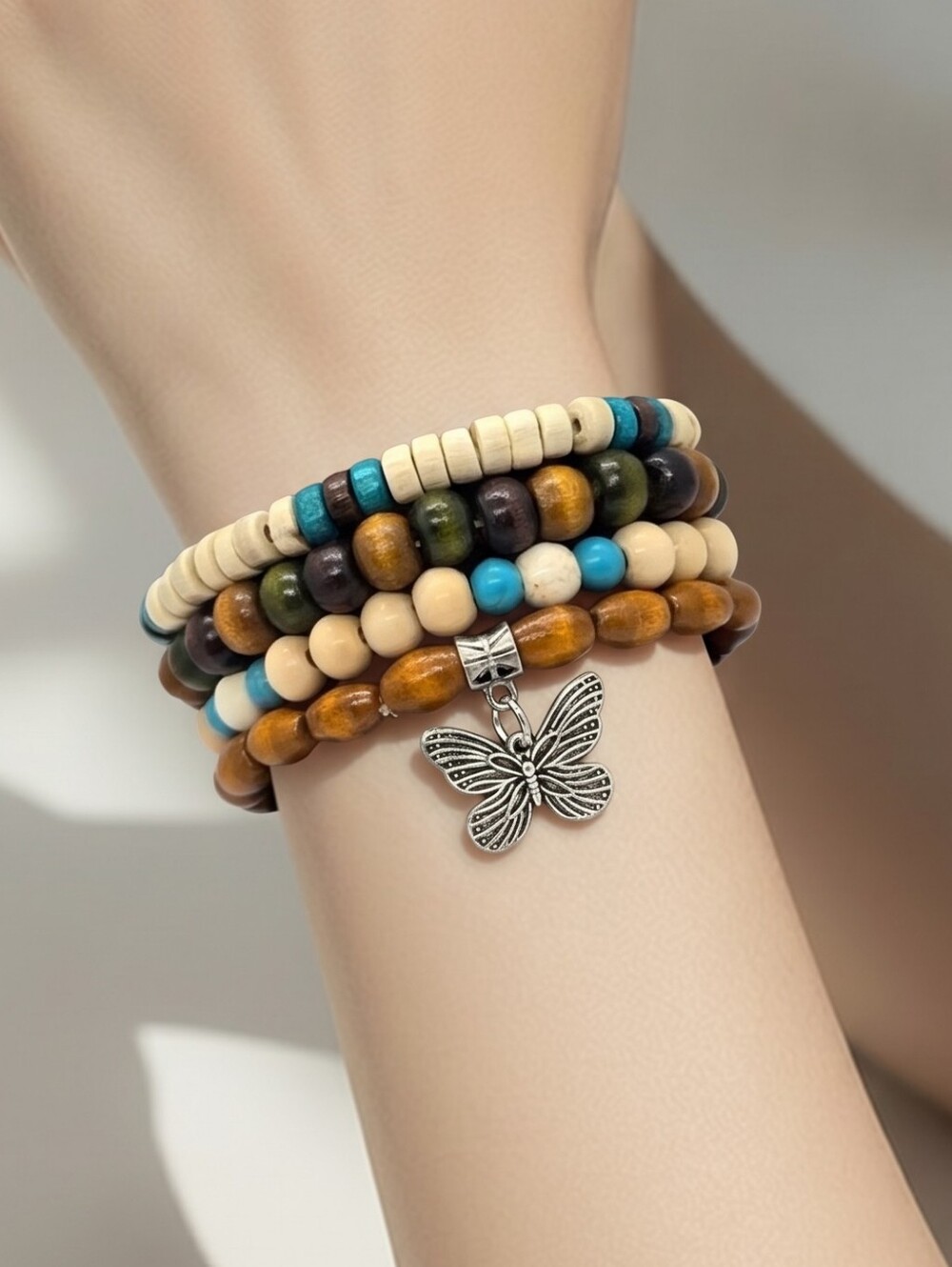 Boho Beaded Stacked Bracelets Set 4 Butterfly Charm Wooden Turquoise Jewelry NWT